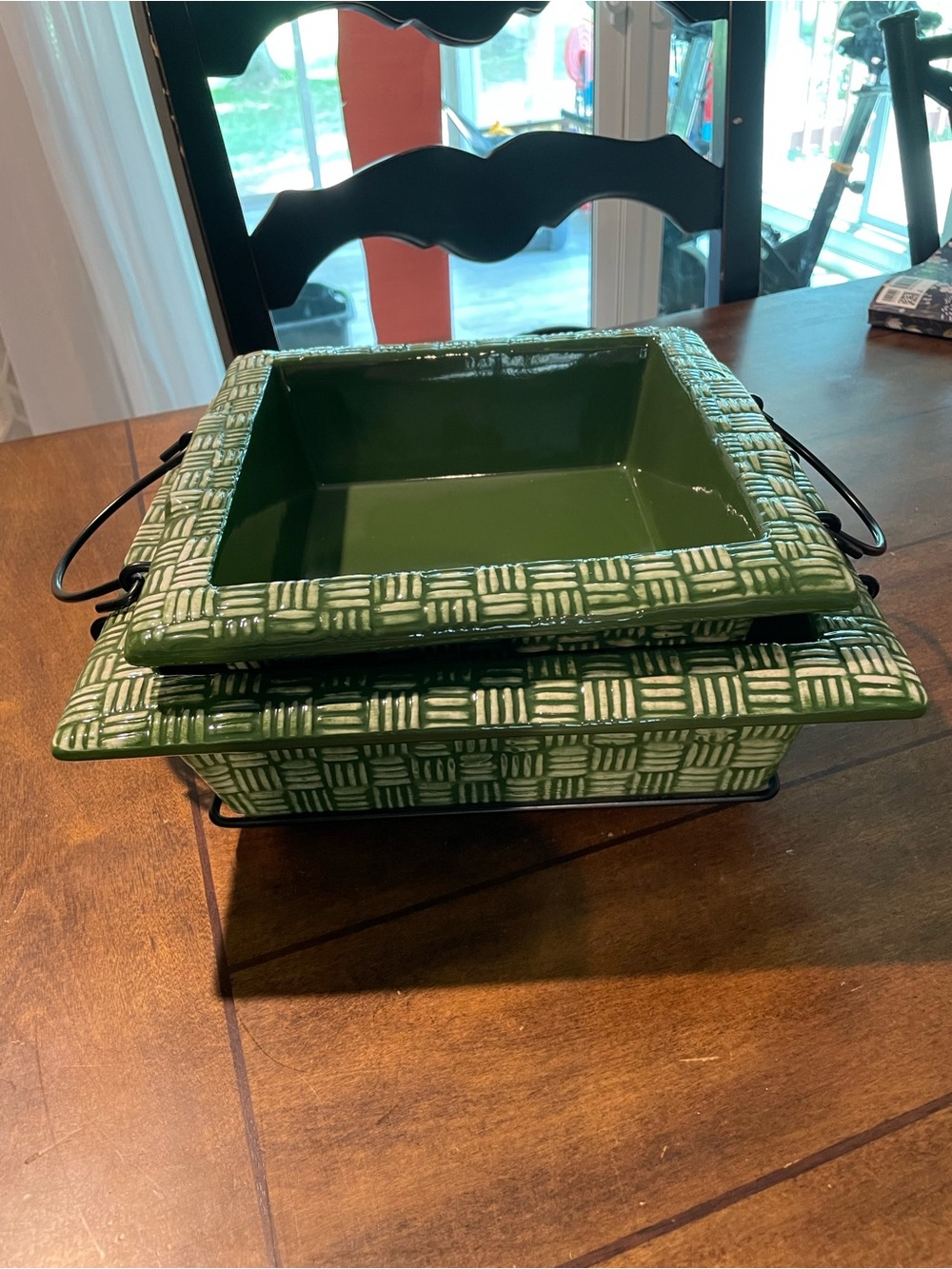 Temp-tations Green Ceramic Basketweave Serving Dishes with Metal Carrier